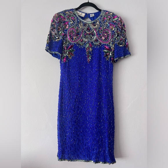 Vintage 80's Laurence Kazar New York Silk Sequin Beaded Dress Large - Picture 1 of 14